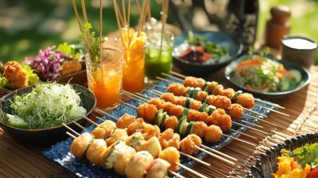 A vibrant outdoor setting with a picnic featuring tonkatsu served on skewers, accompanied by fresh salads and drinks, creating a relaxed and enjoyable dining atmosphereの素材