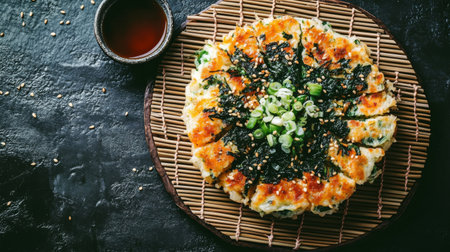 A vibrant okonomiyaki served on a bamboo mat, garnished with seaweed flakes and green onions, alongside a dipping sauce, highlighting the dish's beautiful presentation.の素材
