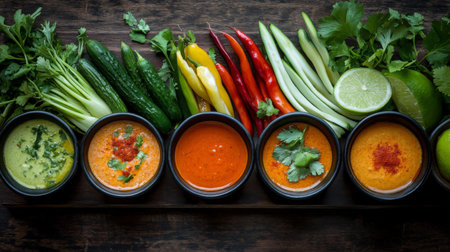 Explore a vibrant assortment of fresh ingredients and flavorful sauces, perfect for inspiring your next culinary creation. Bright colors and textures enhance any dish.の素材