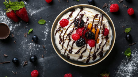 A vibrant dessert showcasing fresh fruits, whipped cream, and drizzled chocolate sauce, perfect for summer gatherings or special occasions.の素材