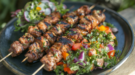 A vibrant display of grilled skewers served with a fresh salad. Perfect for outdoor dining or gatherings, showcasing delicious flavors and healthy ingredients.の素材