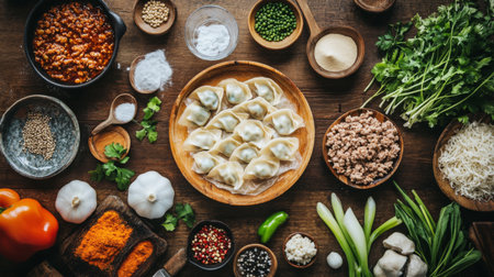 A vibrant collection of fresh ingredients and spices arranged on a wooden table, perfect for a culinary adventure or food preparation scene.の素材