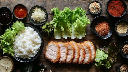 A vibrant and colorful composition of rice, fried pork, and fresh vegetables arranged beautifully, showcasing a delicious and hearty meal for food enthusiasts.の素材