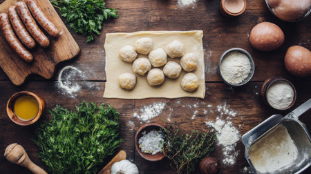 This image captures the process of preparing homemade pasta with fresh sausages. It features various raw ingredients arranged on a rustic wooden table, showcasing culinary creativity.の素材