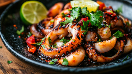Experience the vibrant flavors of grilled octopus, garnished with fresh herbs and a zesty lime slice, perfect for any seafood lover's delight.の素材