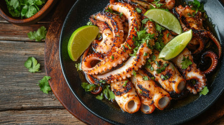 A vibrant plate of grilled octopus garnished with fresh lime and herbs, perfect for seafood lovers. Ideal for restaurant menus or culinary art.の素材