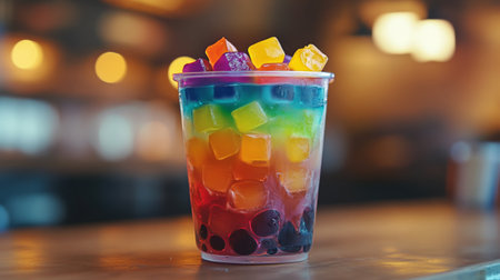 A vibrant and colorful rainbow drink served in a clear cup, showcasing layers of ice cubes. Perfect for summer parties or refreshing moments.の素材
