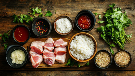 A beautifully arranged selection of fresh ingredients including meat, rice, and various sauces on a wooden board, perfect for culinary enthusiasts.の素材