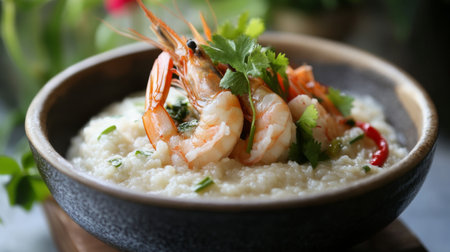 A vibrant bowl of delicious shrimp served over creamy rice, garnished with fresh herbs and spices. Perfect for any seafood lover!の素材