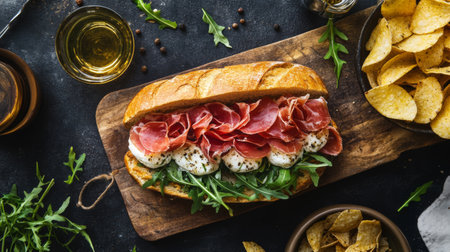 A mouthwatering sandwich featuring layers of ham, cheese, and fresh arugula served on a rustic wooden board, perfect for lunch or snacks.の素材