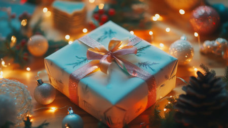 A beautifully wrapped Christmas gift with a pink ribbon, surrounded by festive decorations and warm lights, captures the joyous spirit of the holiday season.の素材