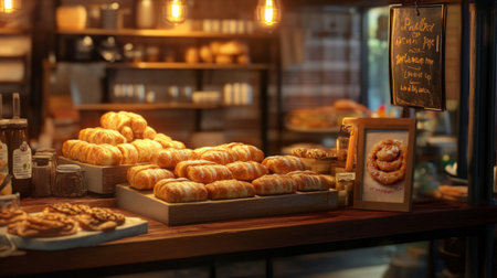 A charming bakery display featuring a variety of fresh pastries, including golden croissants and sweet treats, showcasing a warm and inviting atmosphere.の素材