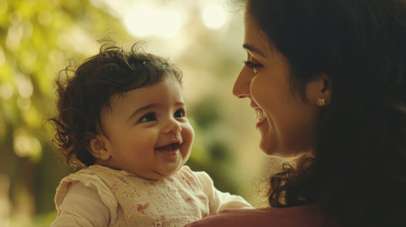 A heartwarming scene capturing the joyful interaction between a mother and her smiling baby outdoors, surrounded by soft sunlight and vibrant nature.の素材