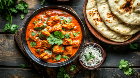 A vibrant chicken curry dish garnished with fresh cilantro, served with naan bread and rice. Perfect for festive dining or comforting meals.の素材