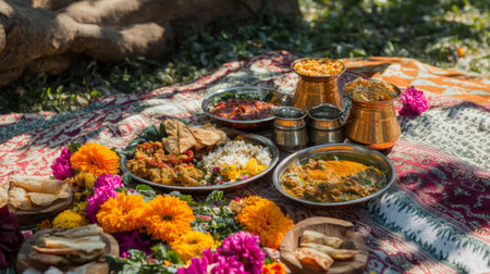 Captivating outdoor picnic with an array of traditional dishes and vibrant flowers, showcasing a colorful and festive food arrangement. Perfect for cultural celebrations.の素材