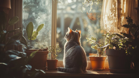 A serene scene of a cat sitting by the window, surrounded by lush indoor plants. The soft sunlight highlights the furry figure, evoking warmth and tranquility.の素材