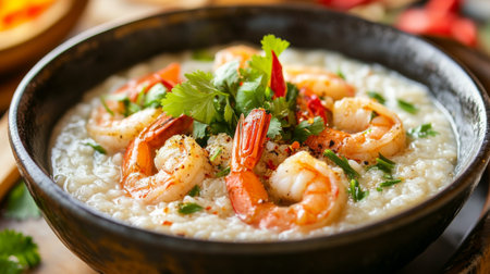 Indulge in a flavorful bowl of creamy shrimp risotto, topped with fresh herbs and spices. Perfect for a gourmet meal or cozy dinner at home.の素材