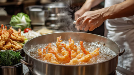 A chef expertly fries shrimp in hot oil, creating a delicious seafood dish. The steam and vibrant colors enhance the culinary experience in a bustling kitchen.の素材