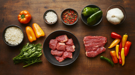 A vibrant collection of fresh ingredients including meat, rice, and colorful vegetables perfect for meal preparation. Ideal for culinary inspiration.の素材