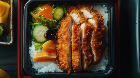 A visually appealing chicken katsu bento box featuring crispy fried chicken slices, served with rice and a variety of fresh vegetables and sauce.の素材