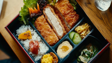 A vibrant Japanese bento box featuring crispy fried chicken, rice, fresh vegetables, and assorted sides. Perfect for a healthy meal or lunch option.の素材