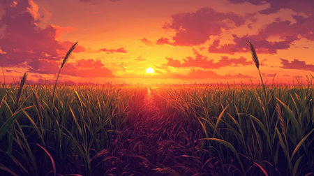 A breathtaking sunset casts vibrant colors over a lush green field, creating a serene atmosphere. The warm sunlight illuminates the landscape, inviting peace.の素材