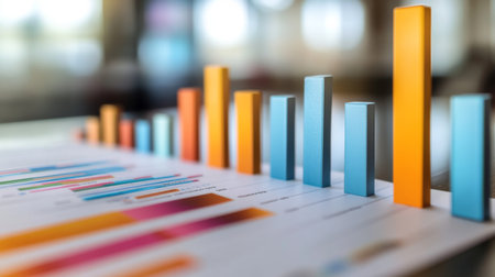 Vibrant bars illustrate data analysis on a printed report, showcasing business statistics and trends. Ideal for finance, research, and marketing contexts.の素材