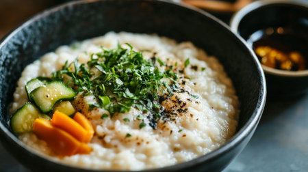 A delicious bowl of rice porridge topped with fresh herbs, cucumber, and carrot. Ideal for a nutritious breakfast or comfort meal, showcasing simple, wholesome ingredients.の素材