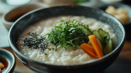 A comforting bowl of warm rice congee topped with fresh vegetables and herbs, perfect for a nutritious breakfast or a light meal.の素材