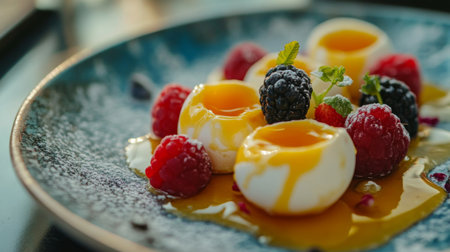 An exquisite dessert featuring creamy sauce with fresh berries arranged elegantly on a stylish plate, offering a vibrant and indulgent experience.の素材