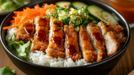 A beautifully arranged chicken rice bowl featuring crispy chicken slices, fresh vegetables, and savory sauce, perfect for a delightful meal experience.の素材