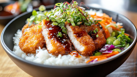 This vibrant bowl features crispy chicken strips atop fluffy rice, complemented by fresh vegetables and a flavorful sauce. A delicious and satisfying meal!の素材