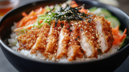 A delicious chicken cutlet served over a bowl of rice, garnished with fresh vegetables and sesame seeds, perfect for a hearty meal or dining experience.の素材