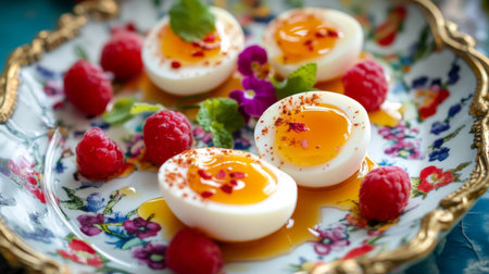 A beautiful arrangement of soft boiled eggs served with fresh raspberries and herbs, showcasing vibrant colors and elegant presentation ideal for gourmet dining moments.の素材