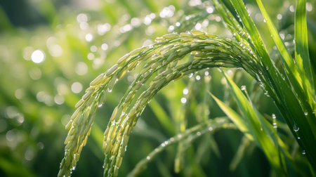 Close-up view of rice plants covered in dew drops, showcasing the beauty of agriculture in a vibrant green field during a sunny morning.の素材
