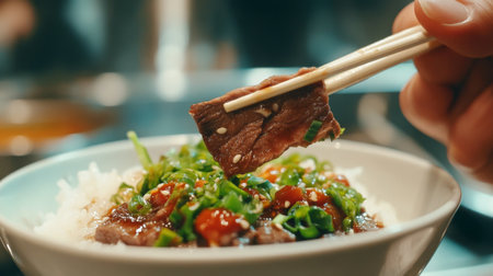 A close-up of tender stir-fried beef lifted with chopsticks. The dish features fresh green onions, colorful sauce, and a bed of rice, perfect for a gourmet meal.の素材