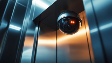 Close-up view of a security camera installed in a modern elevator, featuring sleek metal walls and an illuminated lens, enhancing safety and surveillance.の素材