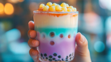 A vibrant layered drink featuring colorful layers and tapioca pearls, held in hand, perfect for summer enjoyment or as a refreshing dessert option.の素材