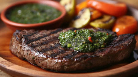 A delicious grilled steak topped with vibrant chimichurri sauce, served alongside colorful vegetables, perfect for a flavorful meal.の素材