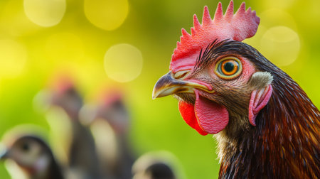 This stunning close-up captures the vibrant details of a rooster's head, showcasing its colorful feathers and bright eye against a blurred natural background, perfect for nature lovers and farm enthusiasts.の素材