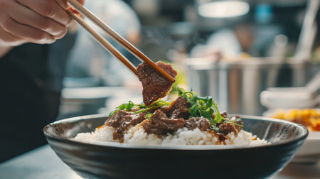 A sumptuous beef dish served over fluffy rice, expertly handled with chopsticks. The vibrant colors and textures make this meal appetizing and enticing.の素材