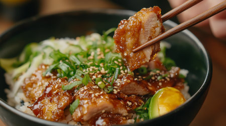 A vibrant bowl of chicken served with rice and fresh vegetables. Enjoy the delicious flavors enhanced by sesame seeds and a savory sauce. Perfect for any meal.の素材