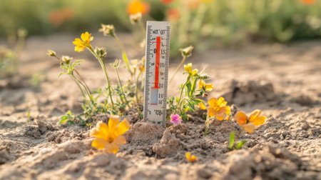 A close-up shot of a thermometer nestled among vibrant wildflowers in a garden setting, capturing the essence of warmth and nature's beauty in full bloom.の素材