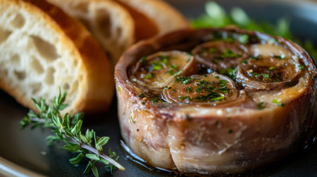 Indulge in a gourmet dish featuring snails, fresh herbs, and crusty bread. Perfect for culinary enthusiasts looking to create an elegant dining experience.の素材