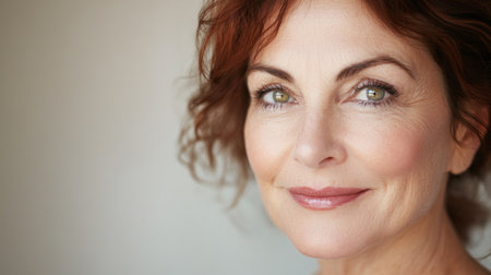 This stunning portrait features a confident middle-aged woman with captivating green eyes and a warm smile, showcasing natural beauty and elegance.の素材