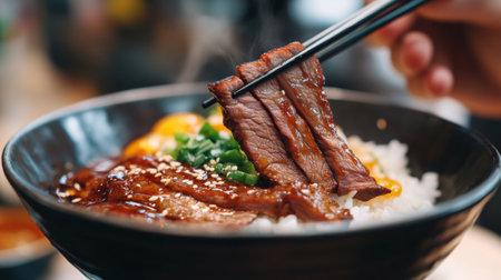 A close-up of a flavorful beef bowl with rice and vegetables, expertly held by chopsticks, showcasing a delicious and inviting meal perfect for any occasion.の素材
