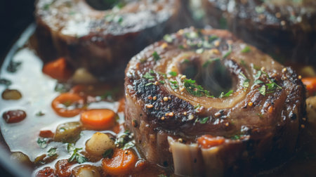 Indulge in a hearty meat stew simmered in a rich broth, featuring tender cuts and colorful vegetables for an aromatic culinary experience.の素材