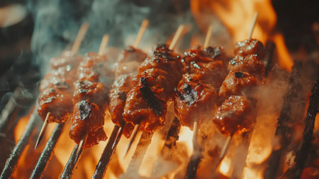 Sizzling grilled skewers cooking over an open flame, creating a smoky, aromatic atmosphere. Perfect for showcasing outdoor cooking and barbecue ideas.の素材