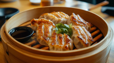 A delicious arrangement of grilled dumplings served in a bamboo steamer. Perfectly complemented by fresh herbs and a side of dipping sauce, ideal for culinary enthusiasts.の素材