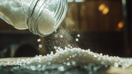 A close-up image of sugar pouring from a jar onto a wooden surface. The sparkling crystals create a beautiful texture, perfect for culinary themes.の素材